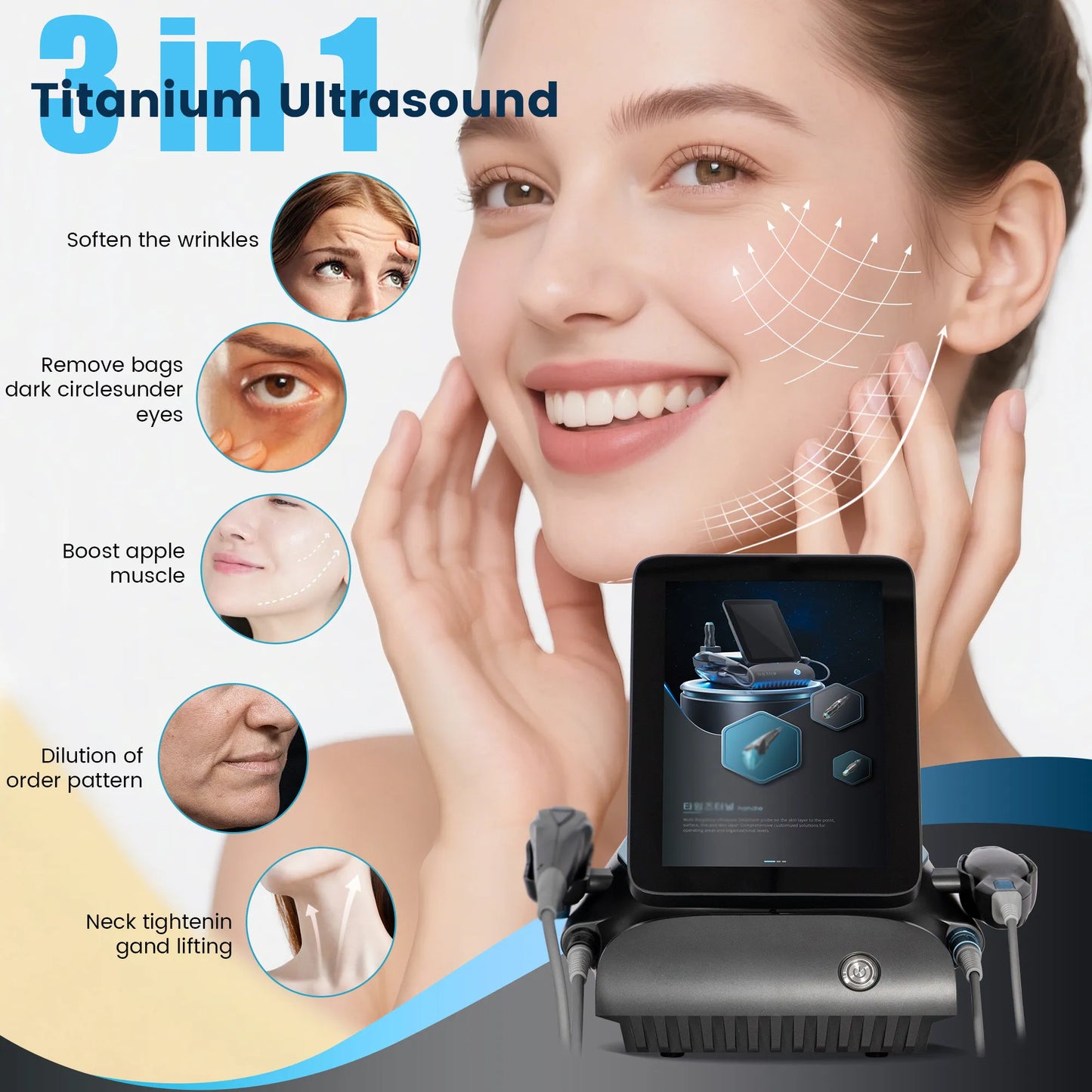 3-in-1 Titanium HIFU Ultrasonic RF Anti-Aging Machine with 3 Handles for Face and Body Lifting - Salon and Home Use image 1